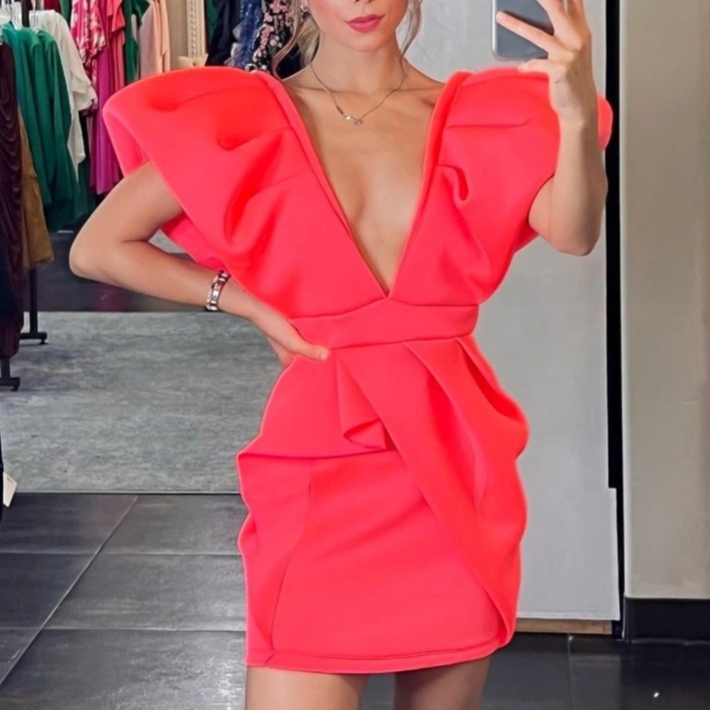 V neck, mini dress